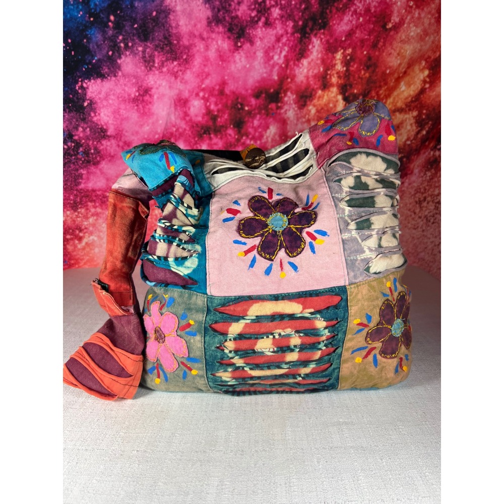 2000 Y2K Handmade Boho Patchwork Floral Embroidered Hobo Bag Razor Cut Sling Bag